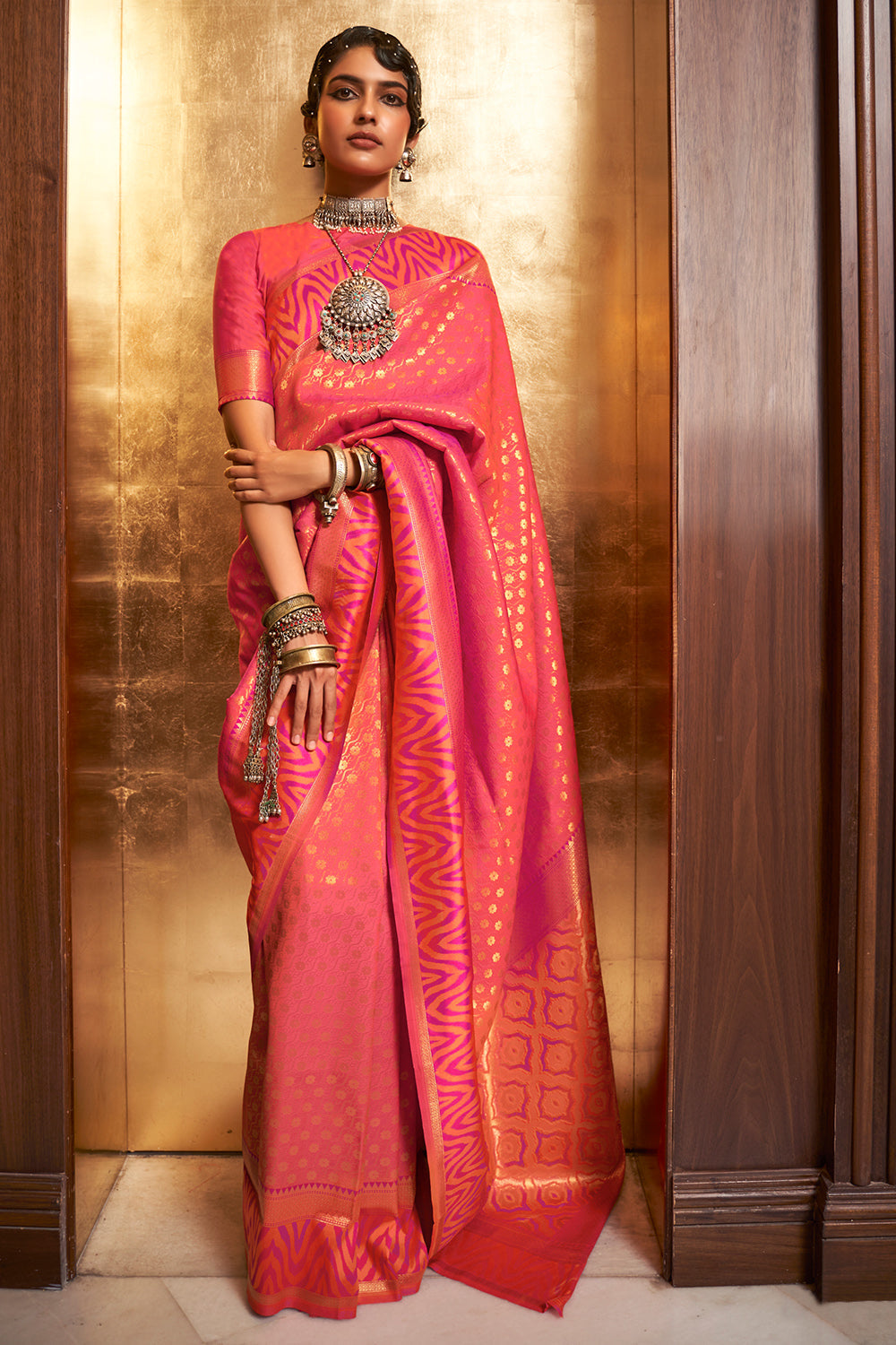 Carrot peach shop colour wedding sarees