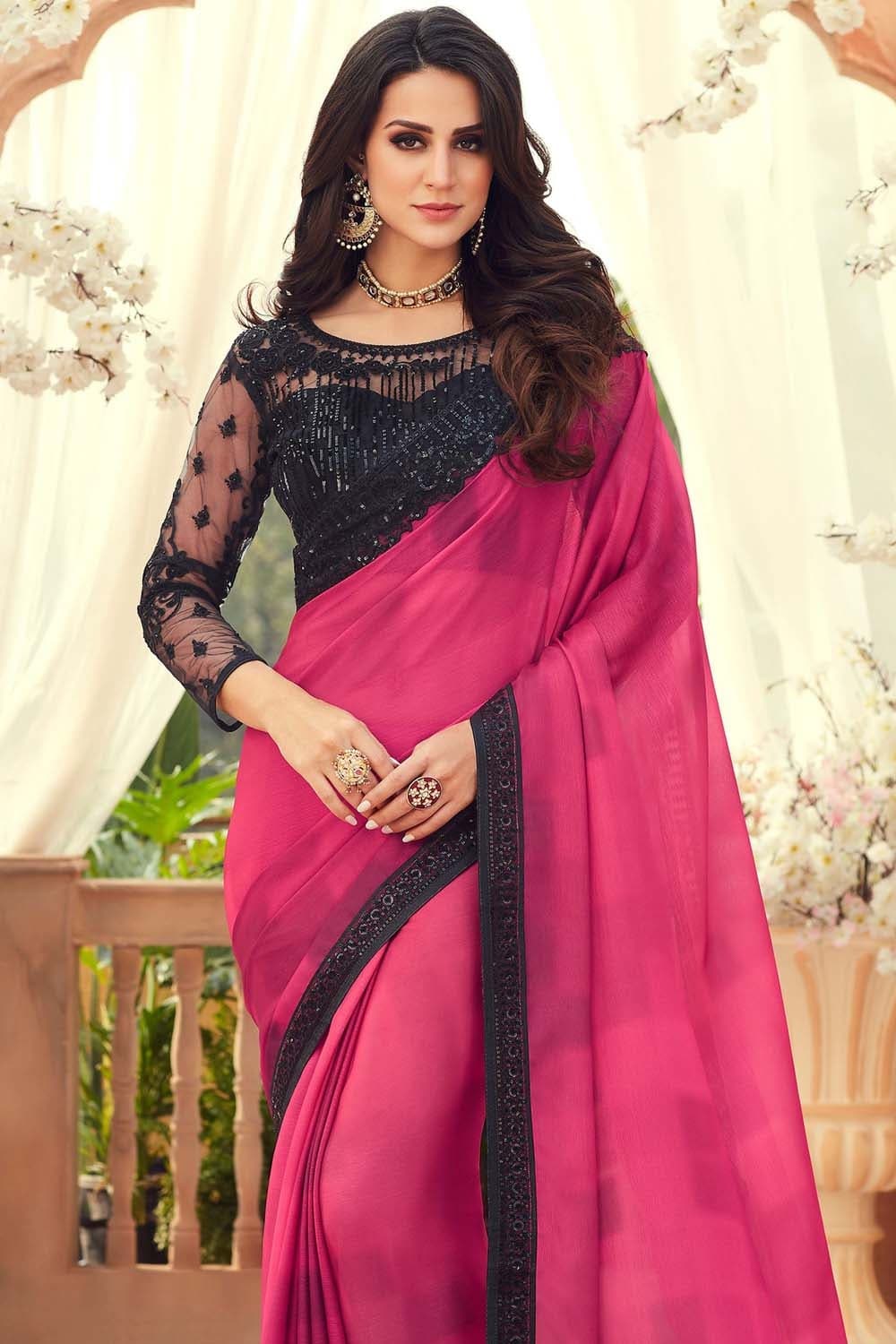 Beautiful Ruby Pink Designer Chiffon Saree