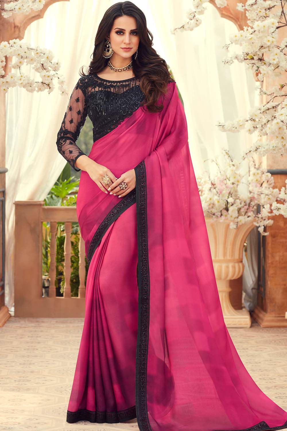 Beautiful Ruby Pink Designer Chiffon Saree