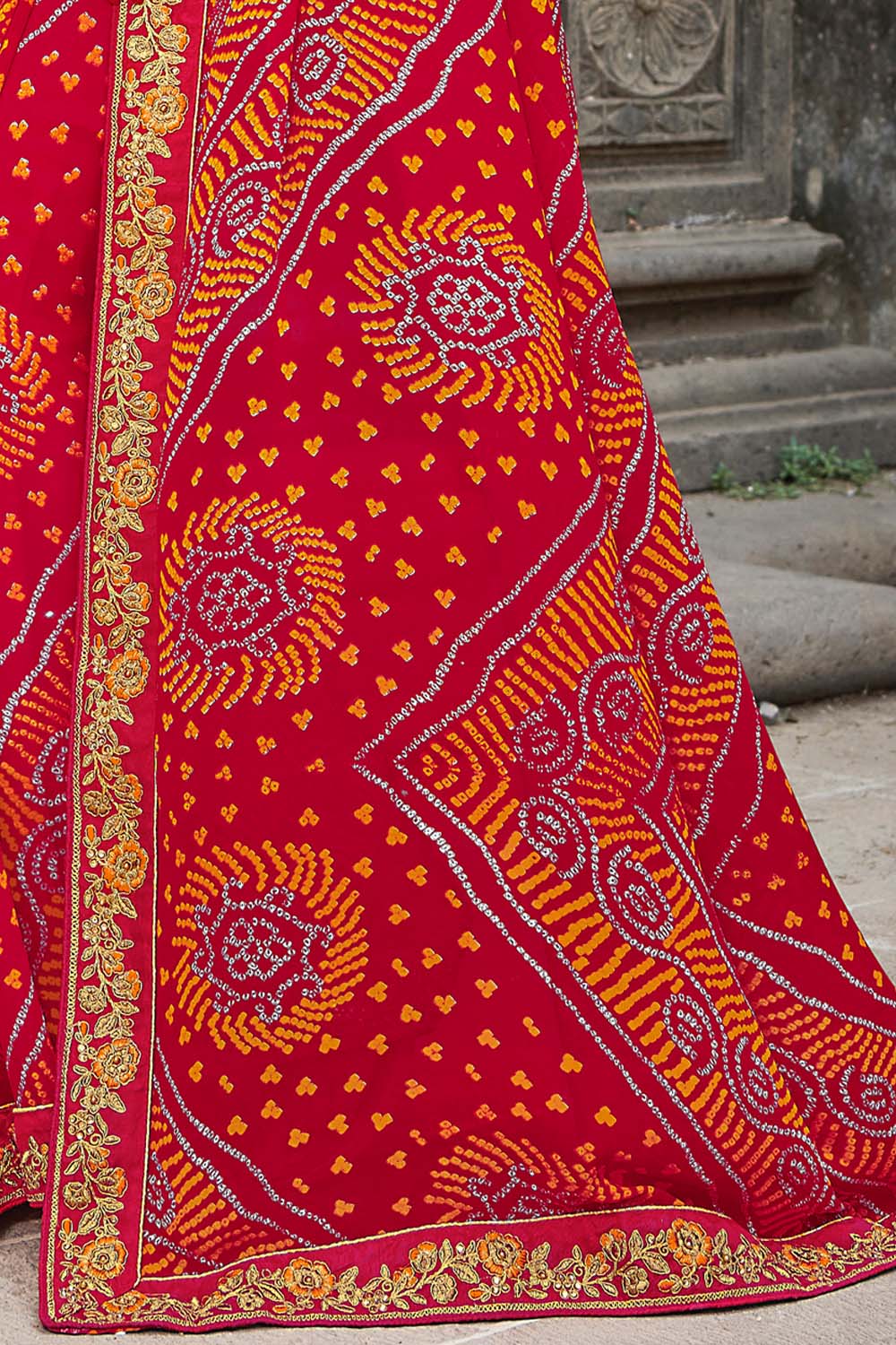 Ferrari Red Bandhani Print Georgette Saree