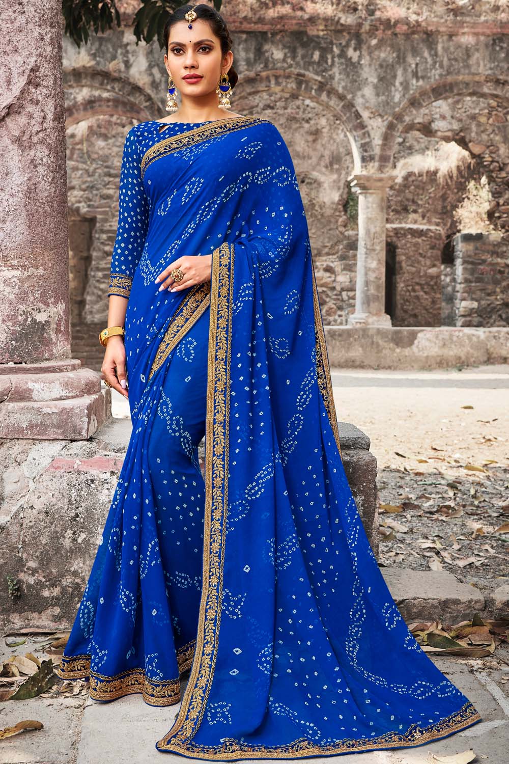 Cobalt Blue Bandhani Print Georgette Saree