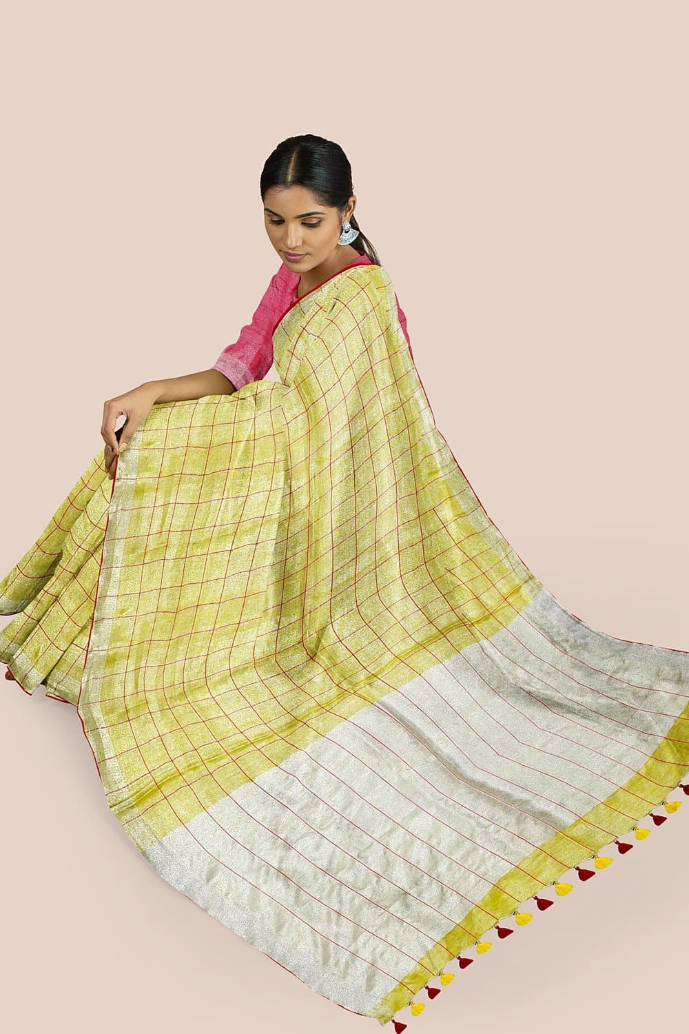 Buy Banana Yellow Handwoven Pure Tissue Linen Saree Online-Karagiri