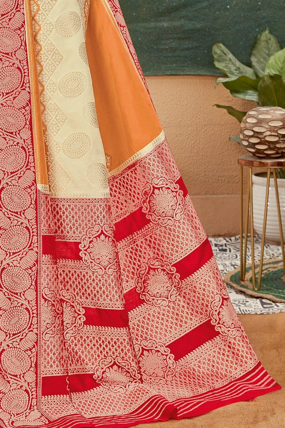 Beautiful royal orange and cream patola saree - Buy online on Karagiri - Free shipping to USA