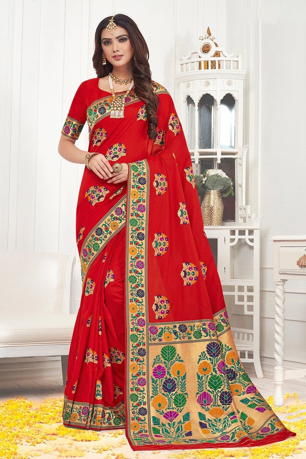 Beautiful rose red banarasi  saree - From Wedding sutra collection - Buy online on Karagiri - Free shipping to USA