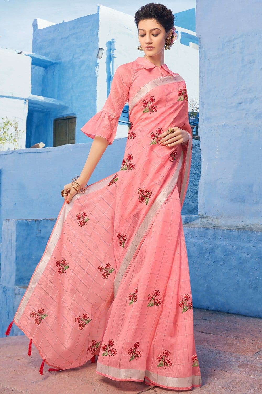 Beautiful Rose Pink Linen Saree