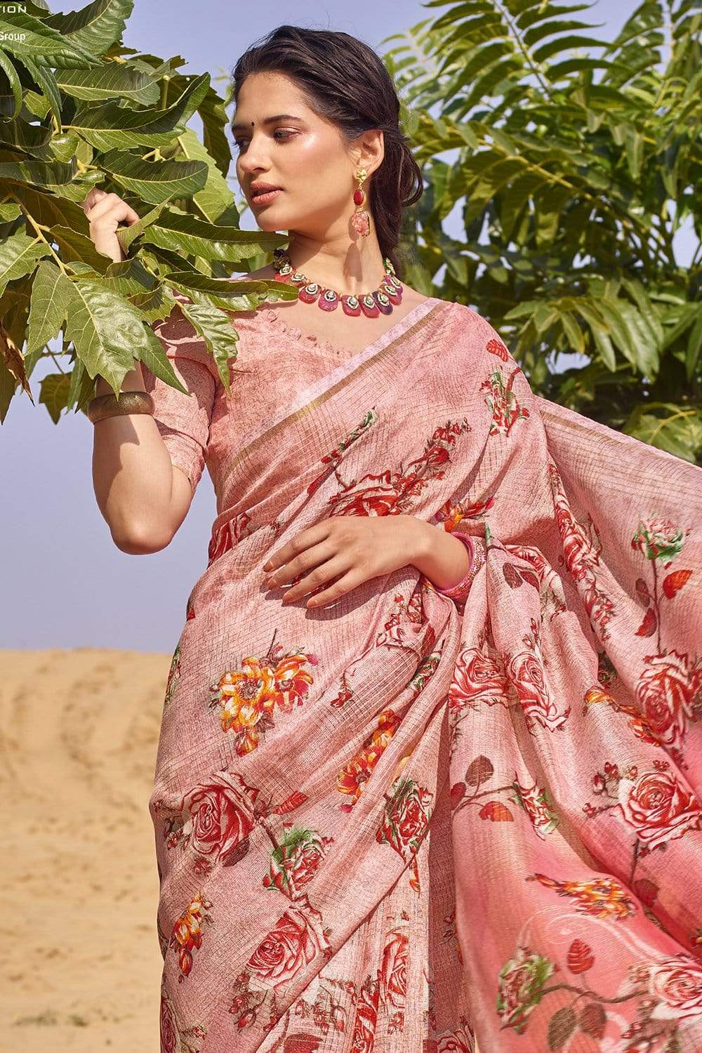 Beautiful Rose Pink Cotton Linen Saree