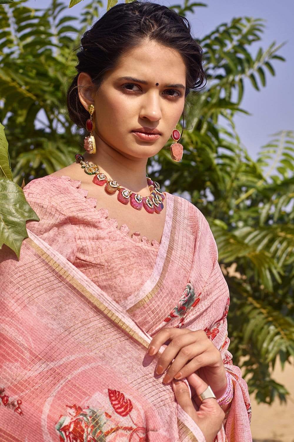 Beautiful Rose Pink Cotton Linen Saree