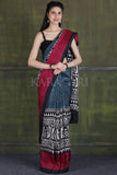 Ebony Black Printed Raw Cotton Silk Handloom Saree