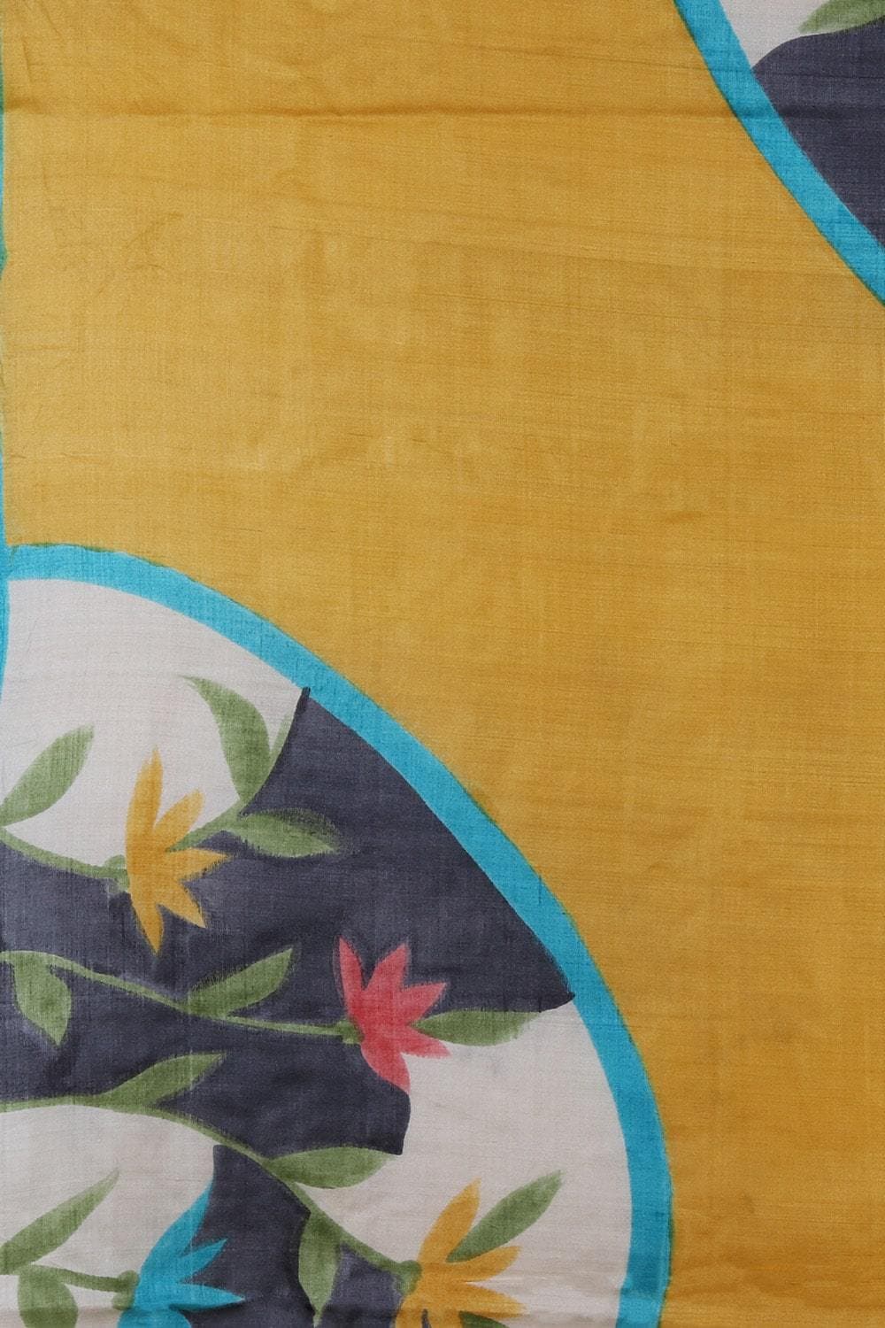 Sun Yellow Printed Raw Cotton Tassar Handloom Saree