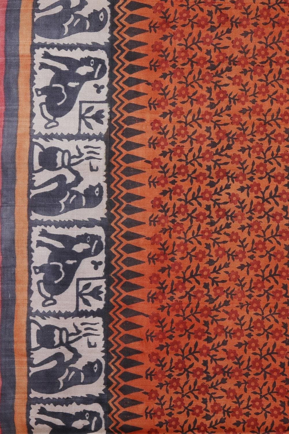 Papaya Orange Raw Cotton Tassar Printed Handloom Saree