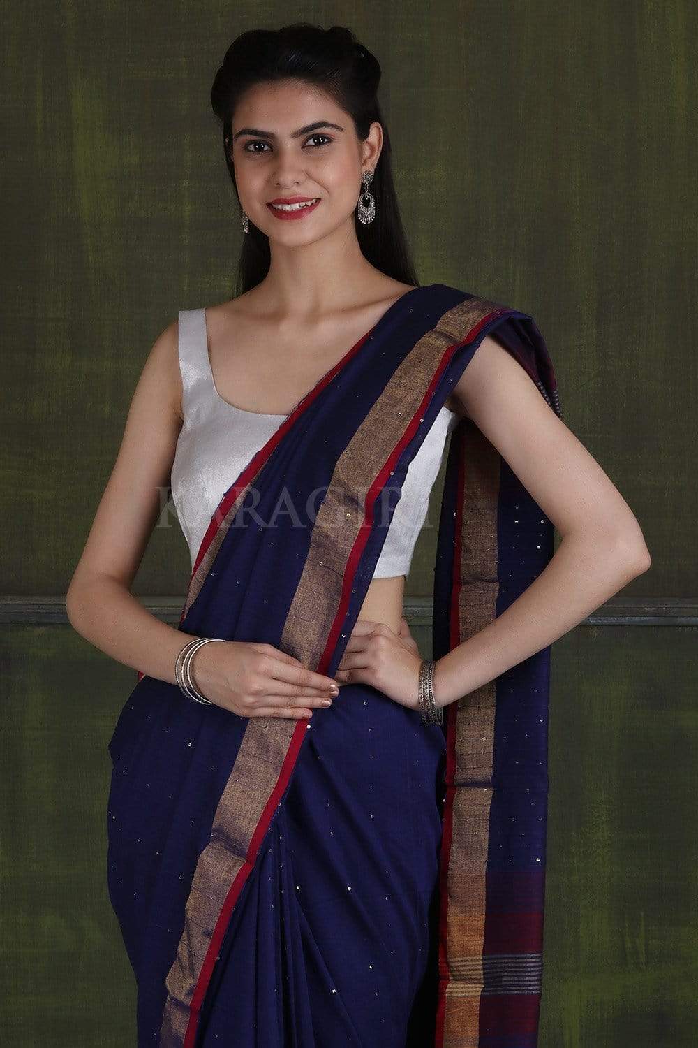 Midnight Blue Raw Cotton Handloom Saree