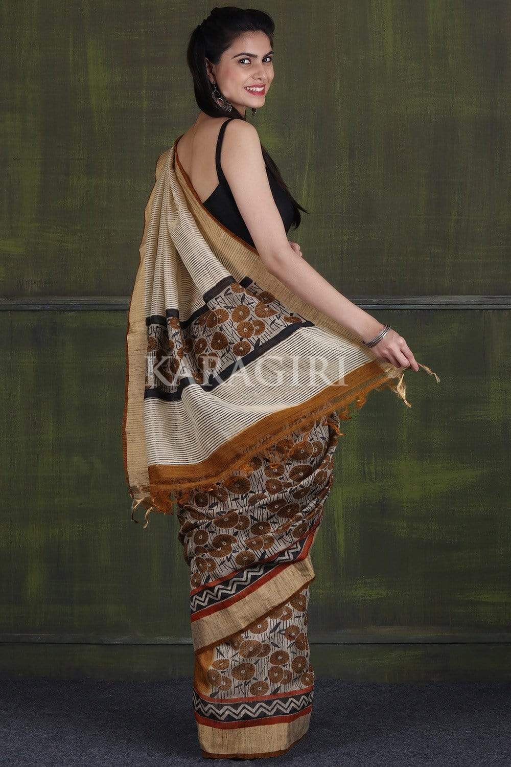 Tawny Brown Tassar Printed Cotton Saree