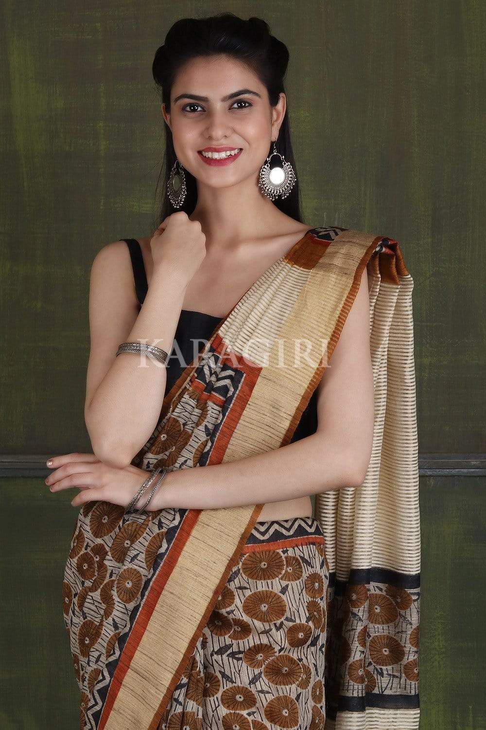 Tawny Brown Tassar Printed Cotton Saree