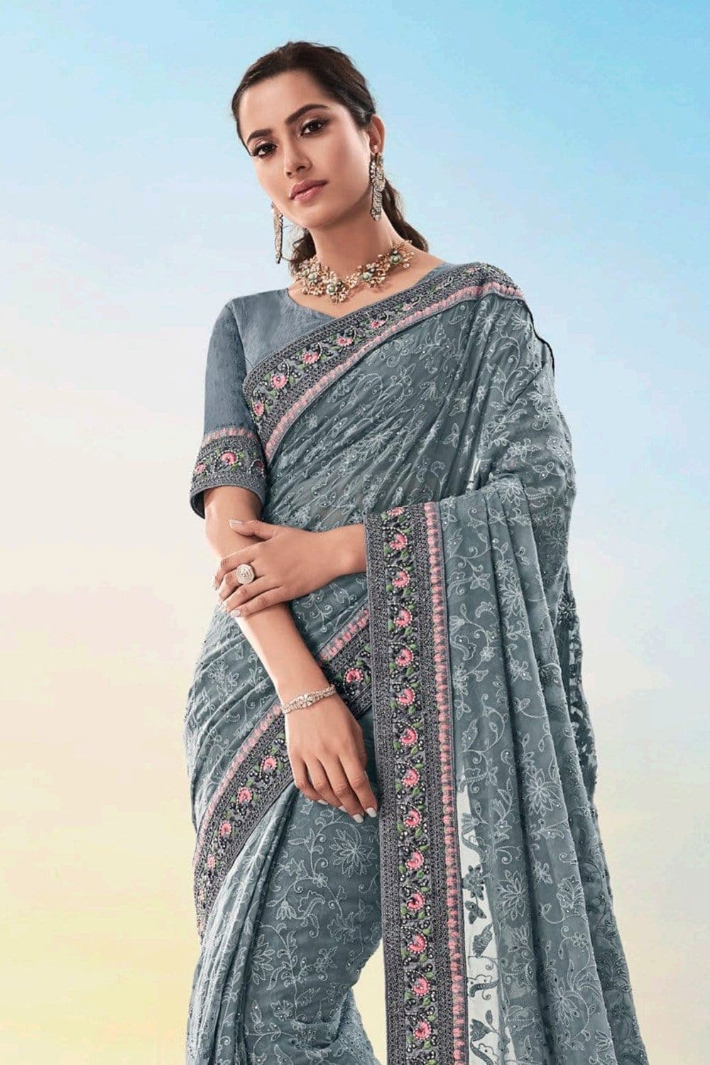 Beautiful Slate Grey Designer Saree