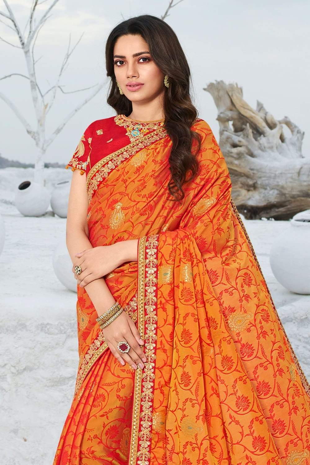 Beautiful Sedona Orange Zari Woven Designer Banarasi Saree
