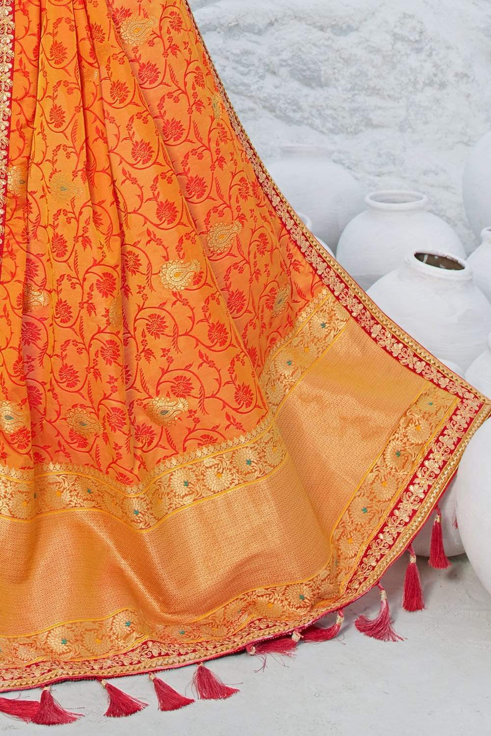 Beautiful Sedona Orange Zari Woven Designer Banarasi Saree