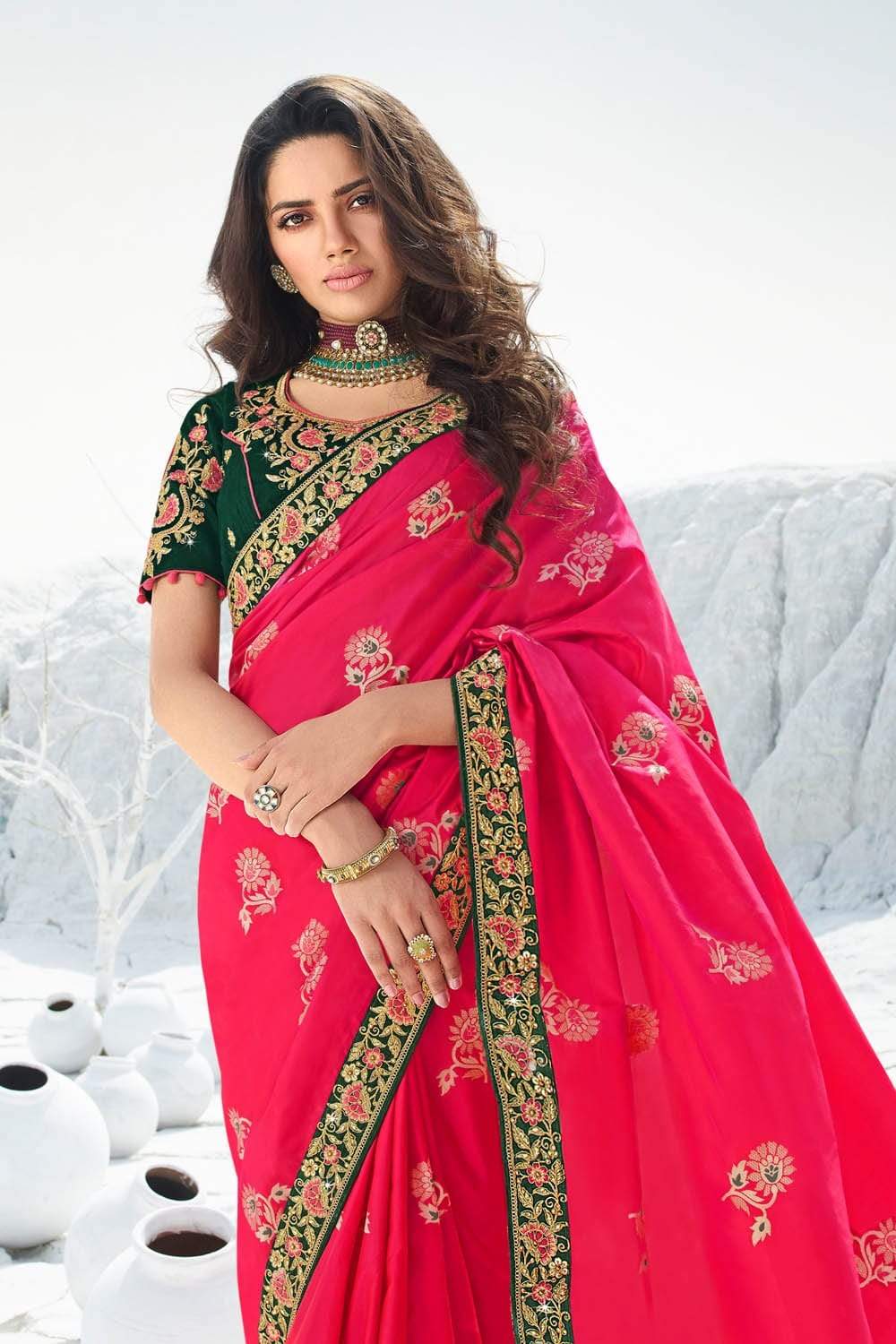 Beautiful Ruby Pink Zari Woven Designer Banarasi Saree