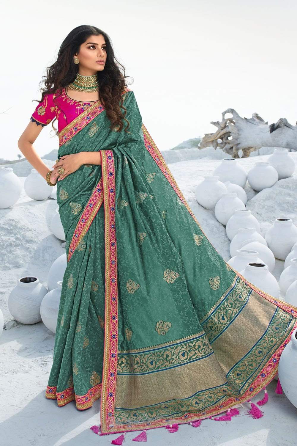 Beautiful Sea Green Zari Woven Designer Banarasi Saree