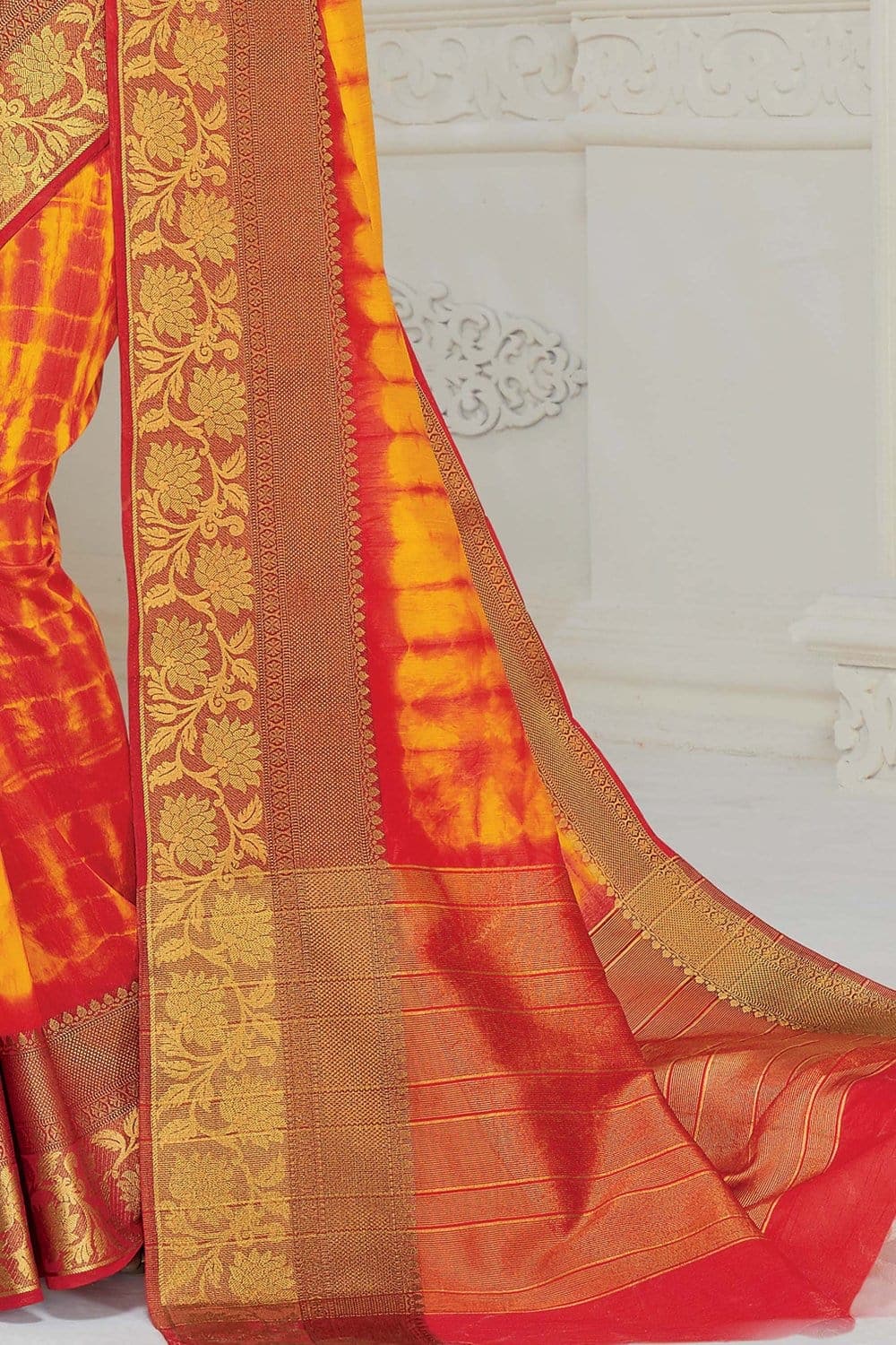 Beautiful Saffron Yellow Woven South Silk Saree