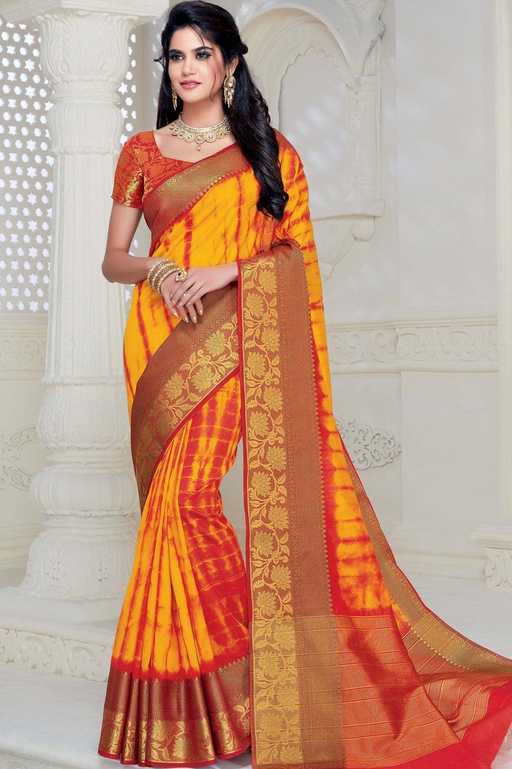 Beautiful Saffron Yellow Woven South Silk Saree