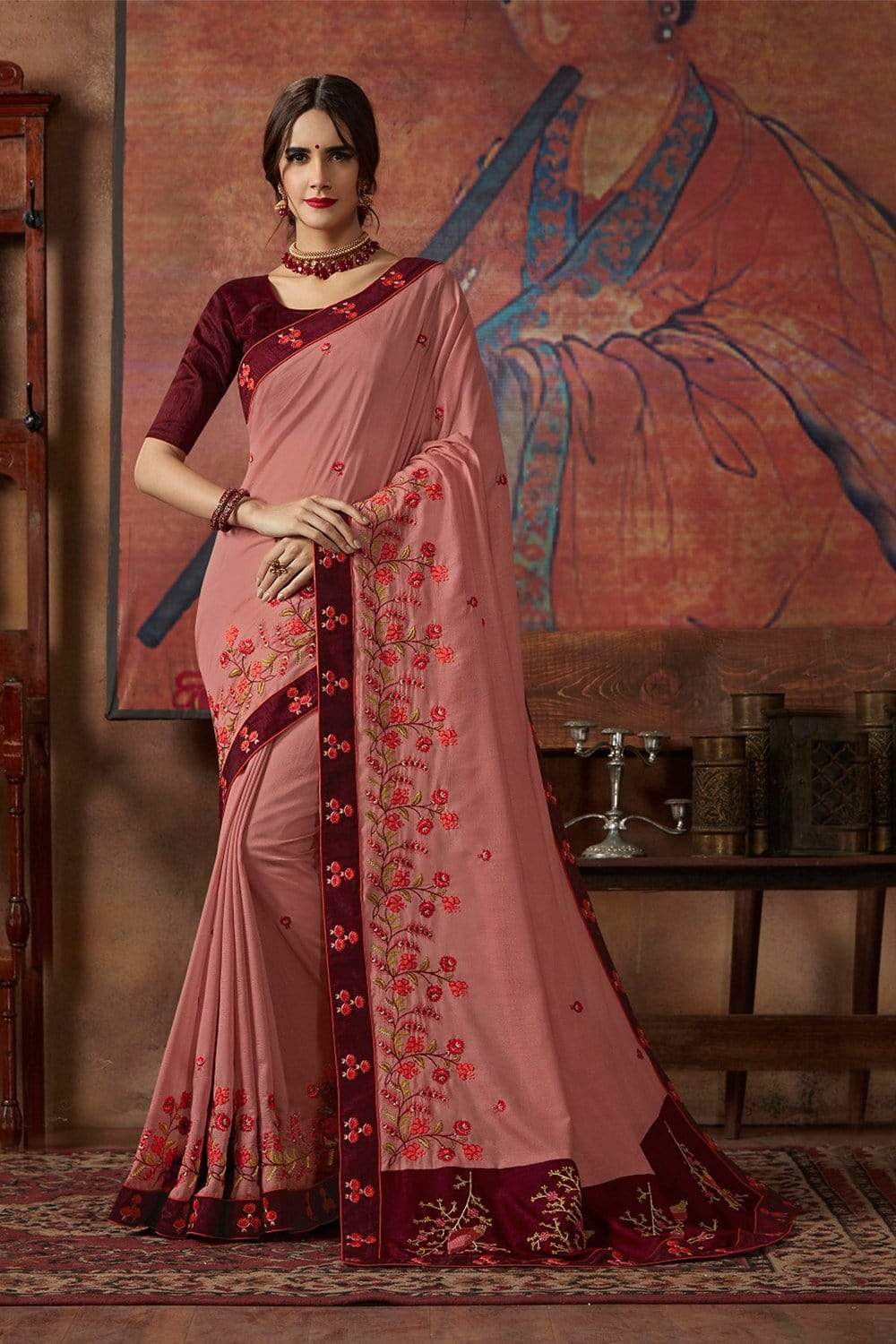 Coral Pink Embroidered Georgette Saree