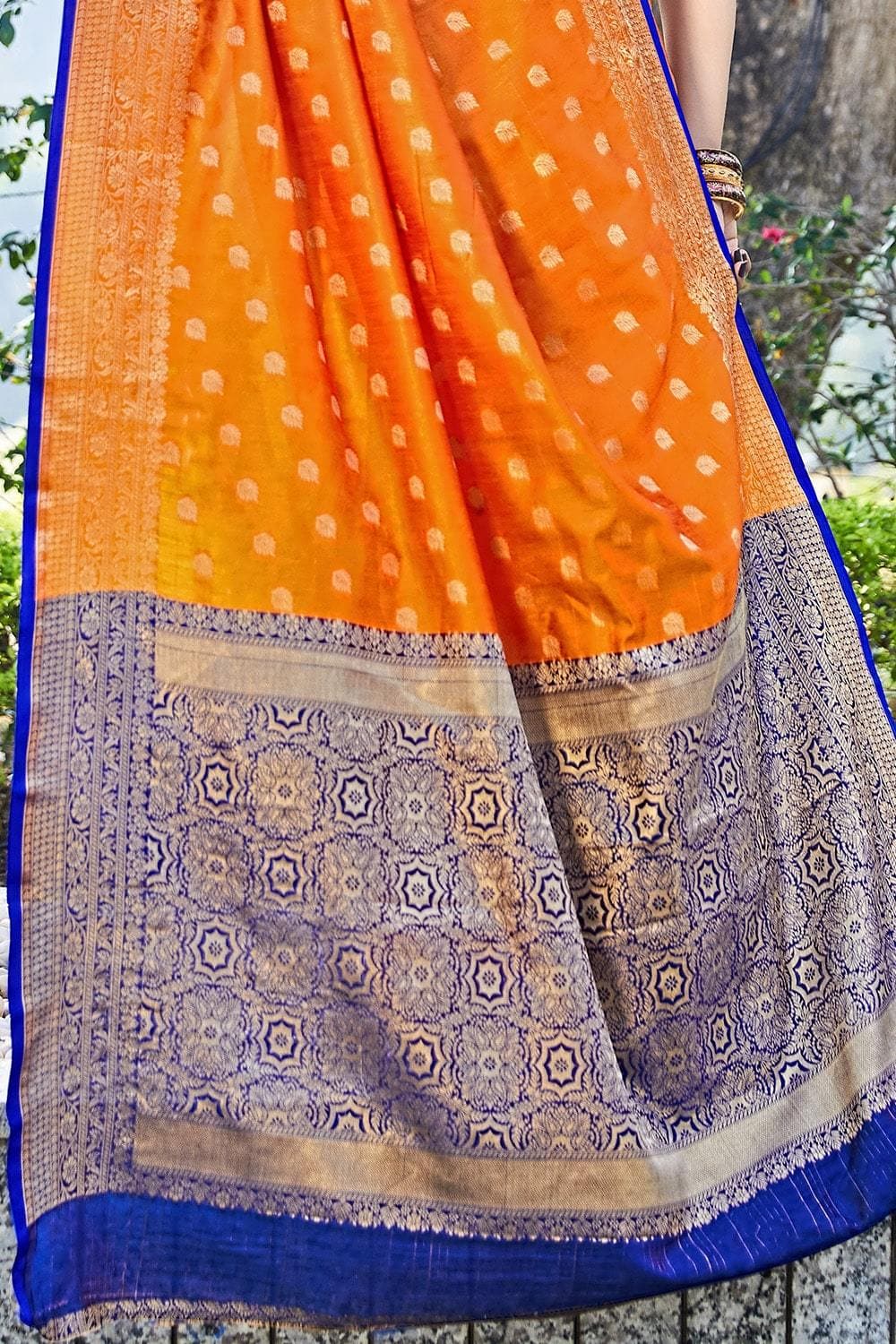 Mango Orange Zari Butti Woven Banarasi Saree
