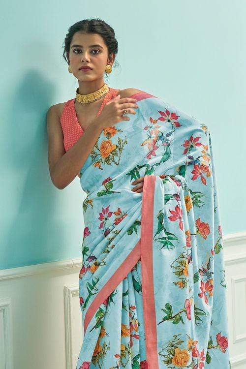 Satin Silk Saree French Blue Satin Silk Saree saree online
