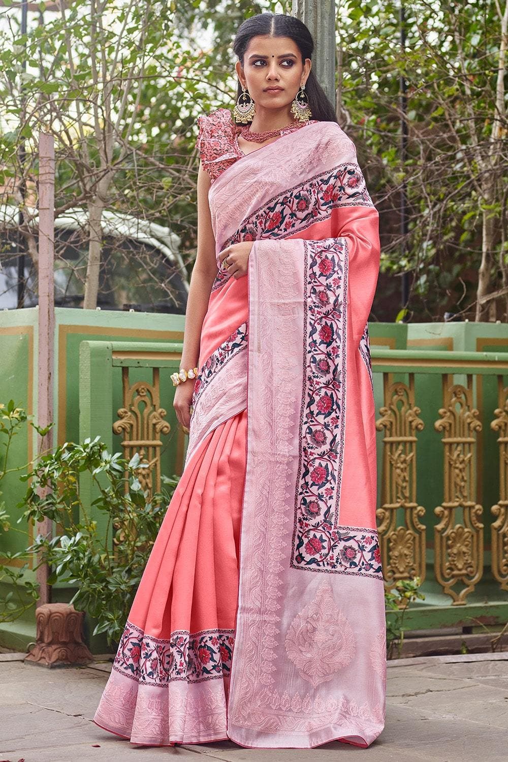 Satin Silk Saree Designer Watermelon Pink Digital Print And Embroidered Satin Silk Saree saree online