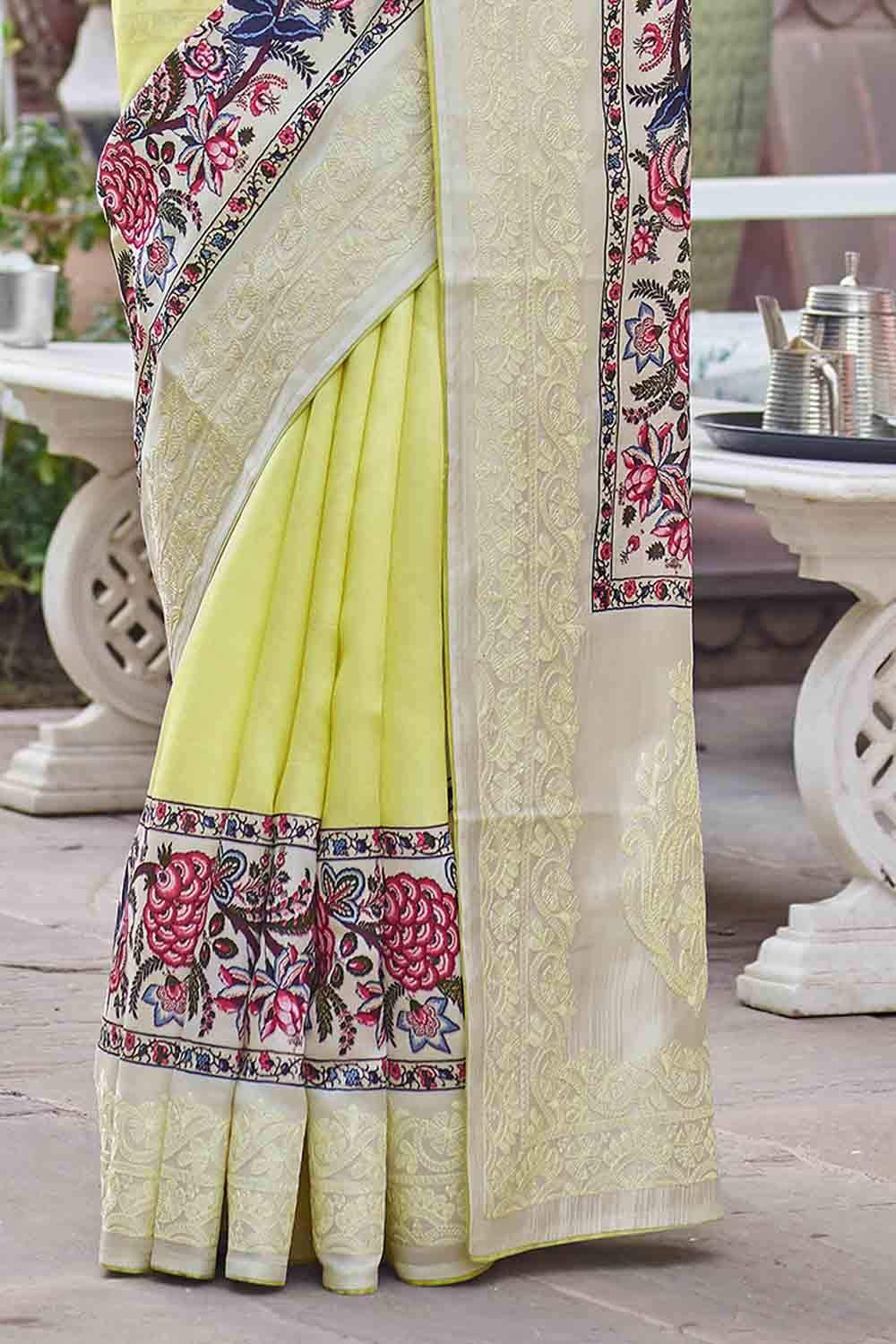 Satin Silk Saree Designer Corn Yellow Digital Print And Embroidered Satin Silk Saree saree online