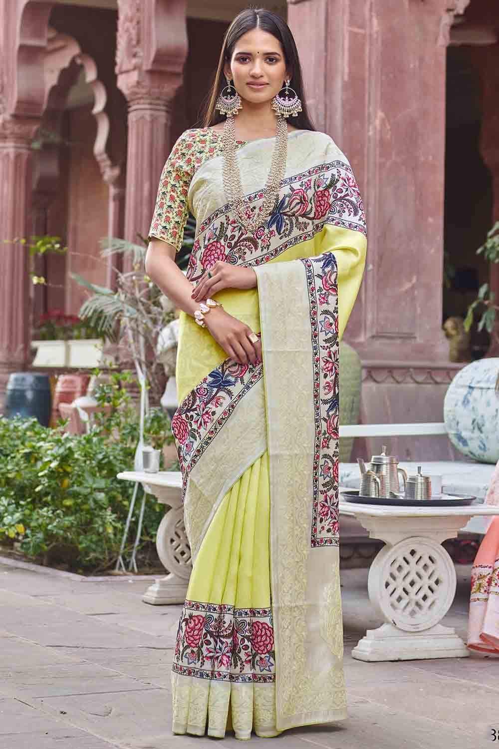Satin Silk Saree Designer Corn Yellow Digital Print And Embroidered Satin Silk Saree saree online