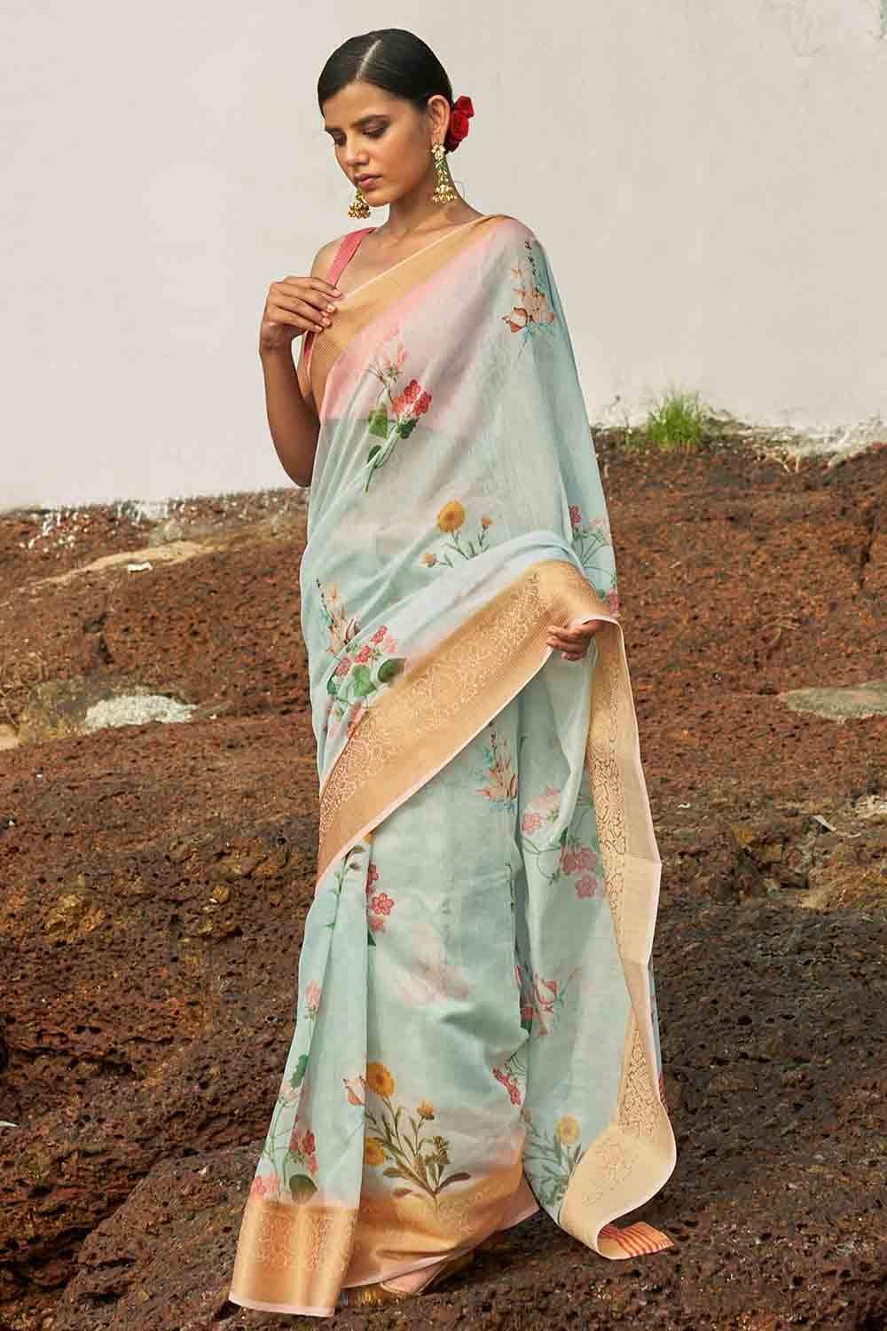 Baby Blue Cotton - Linen Saree