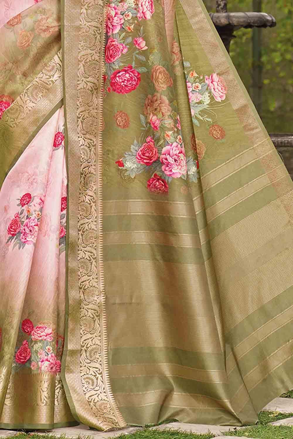 Satin Silk Saree Digital Printed Green And Pink Satin Silk Saree saree online
