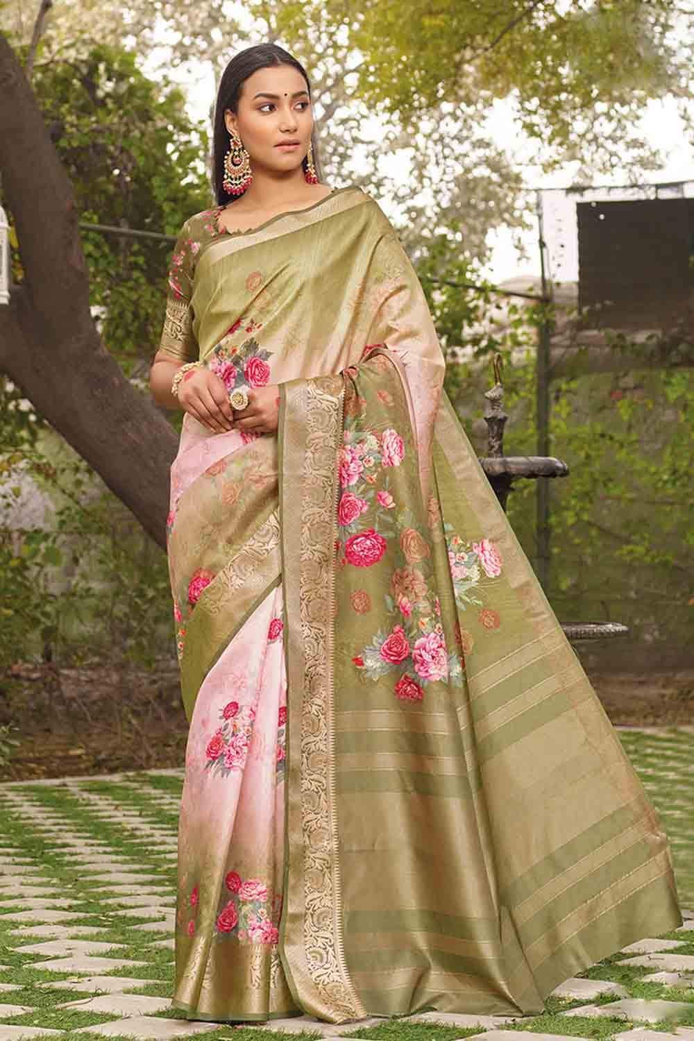 Satin Silk Saree Digital Printed Green And Pink Satin Silk Saree saree online
