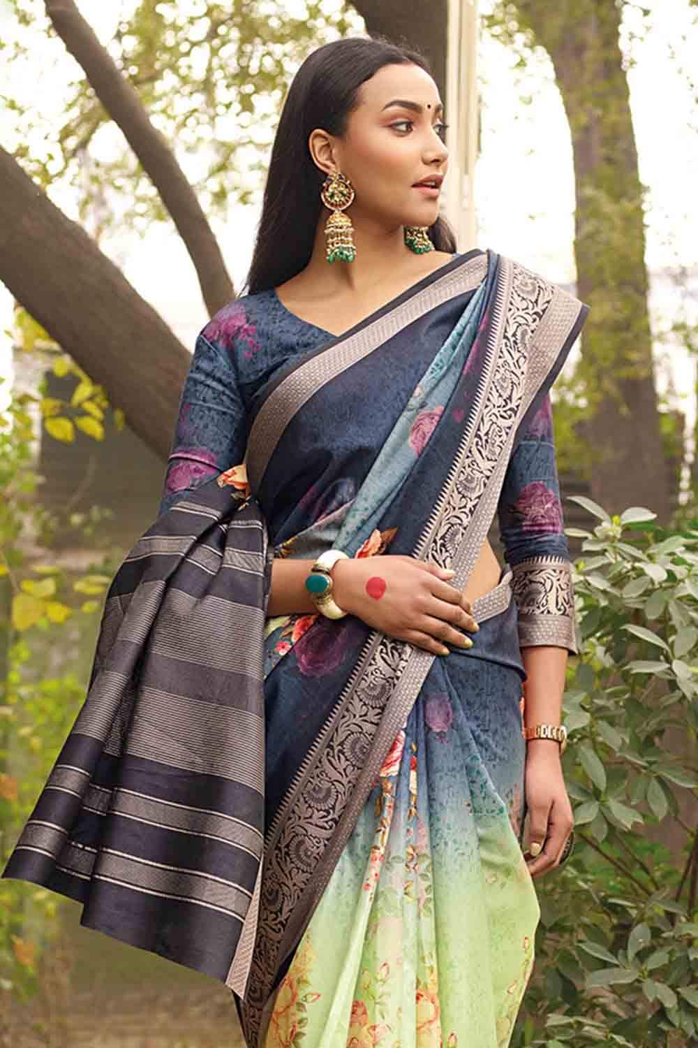 Satin Silk Saree Digital Printed Blue And Green Satin Silk Saree saree online
