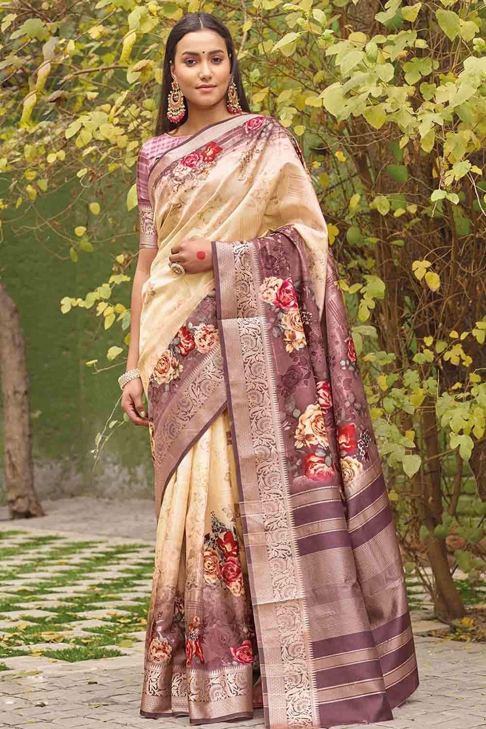 Satin Silk Saree Digital Printed Cream Colour Satin Silk Saree saree online
