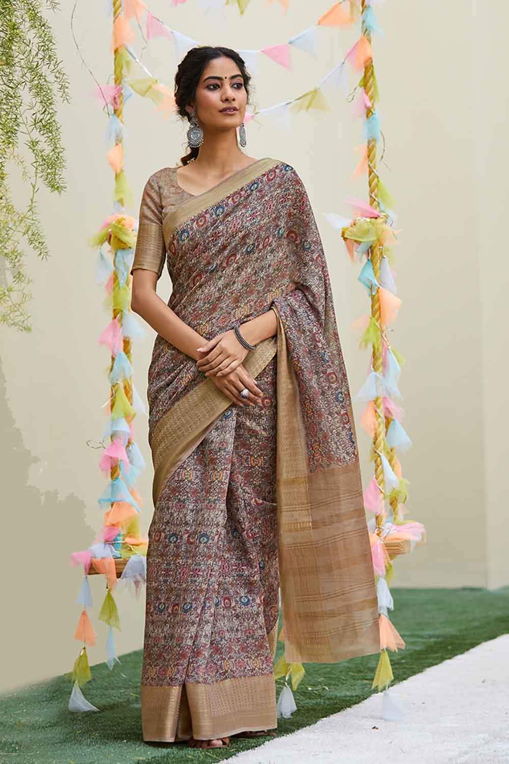 Buy Off White Digital Printed Linen Saree Online