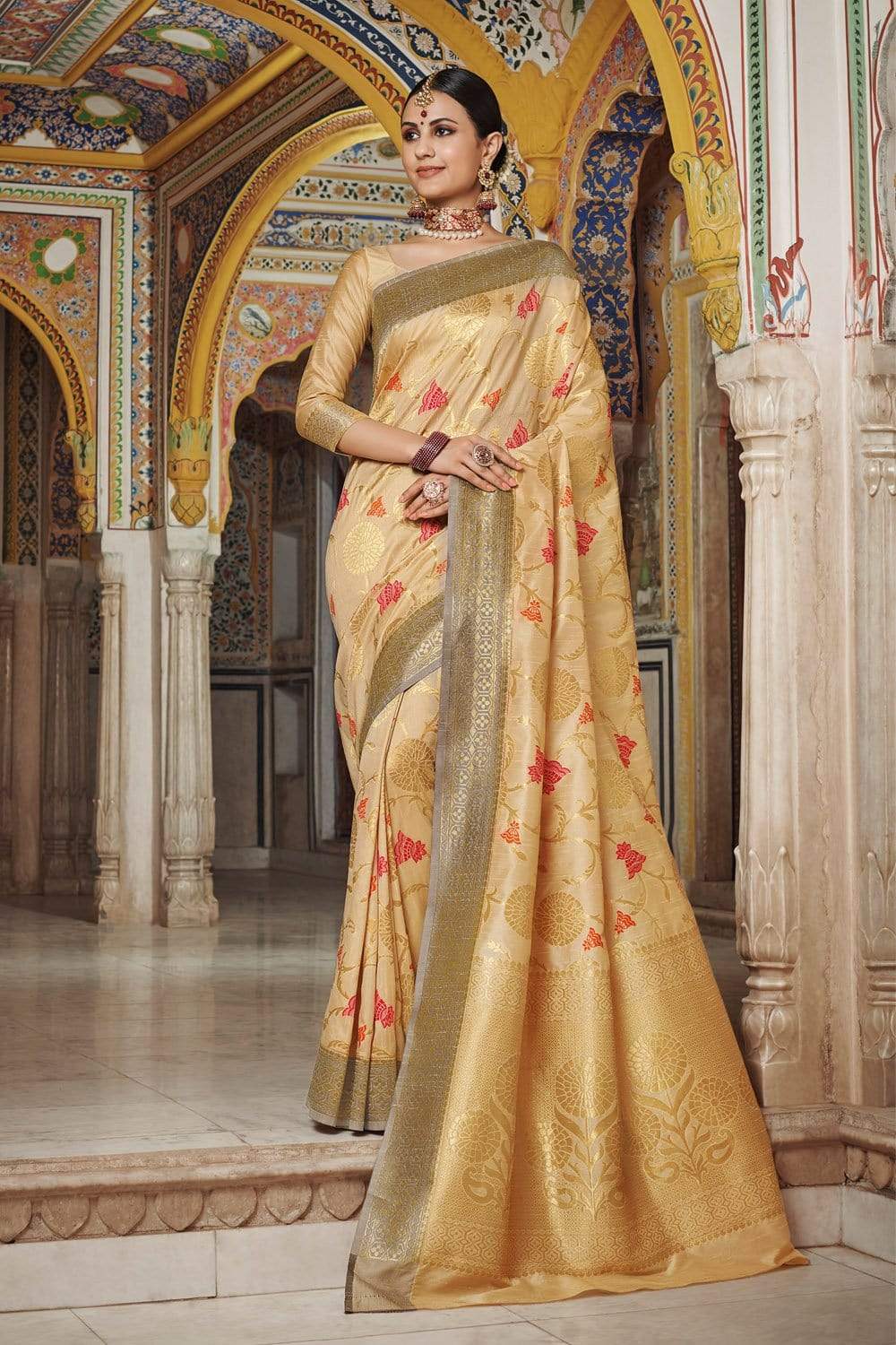 Buy Thread & Button Sand White Golden Saree with Stitched Blouse online