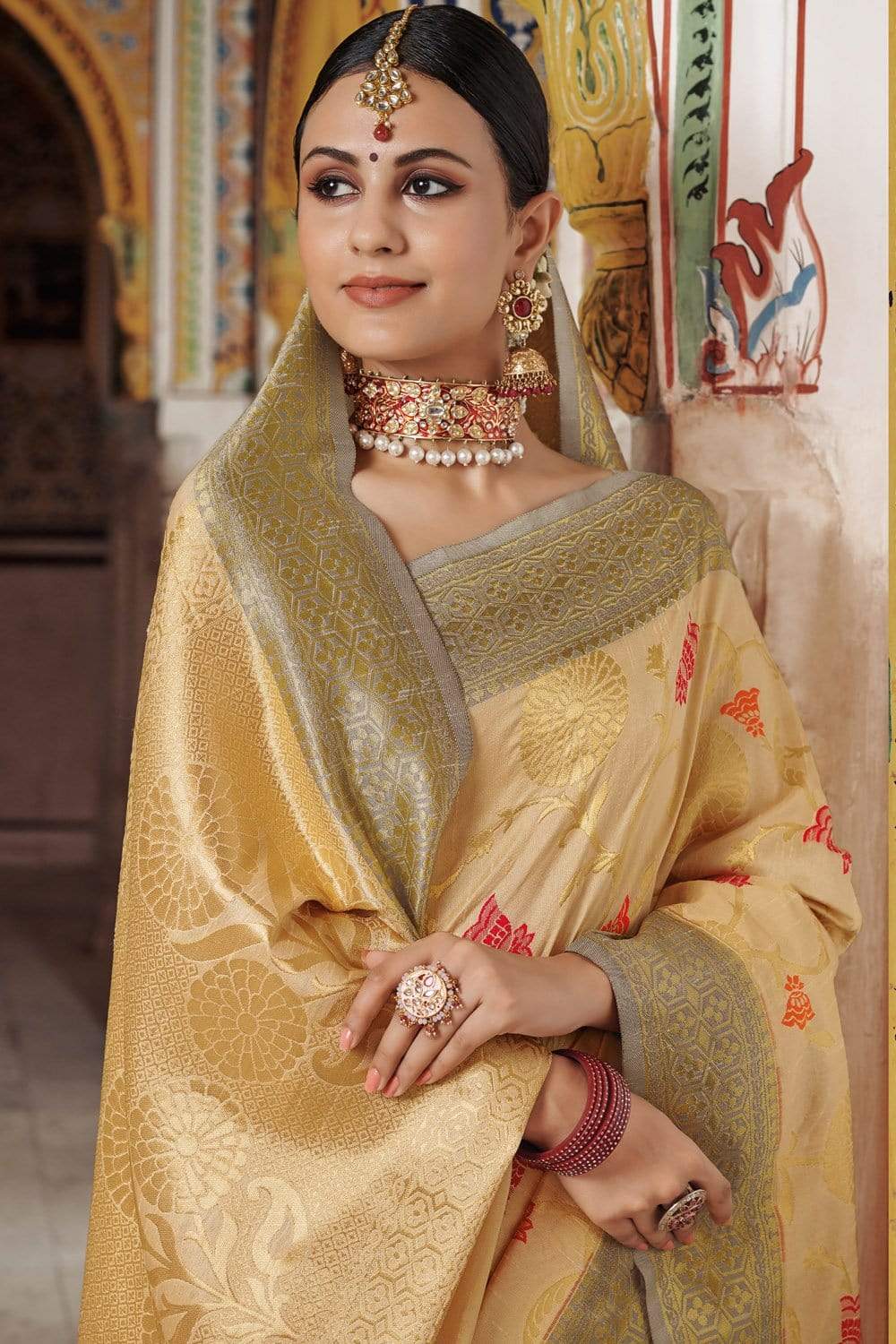 Buy Beige Aditi Embroidered Saree With Unstitched Blouse Online - RI.Ritu  Kumar International Store View