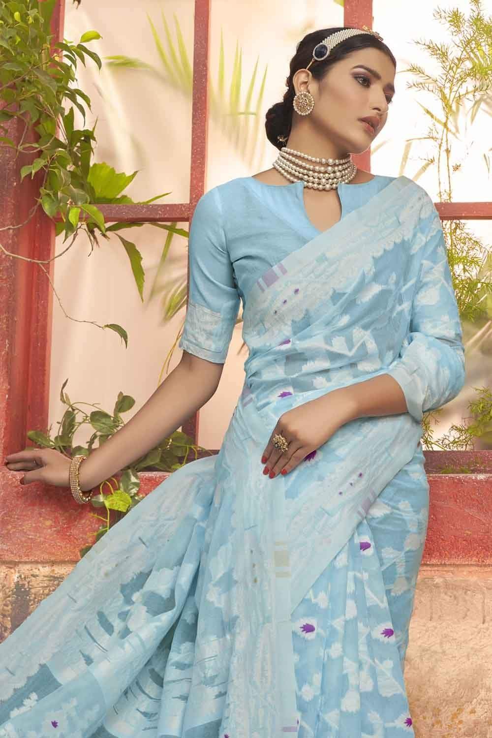 Cotton Saree Light Turquoise Blue Printed Cotton Saree saree online