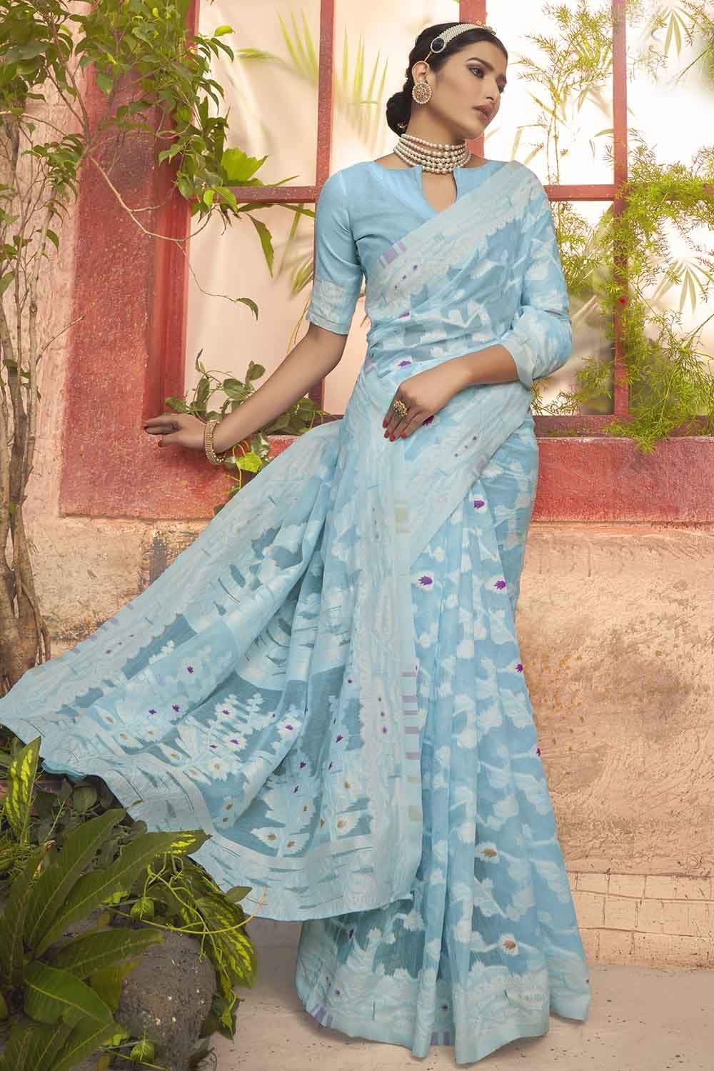 Cotton Saree Light Turquoise Blue Printed Cotton Saree saree online