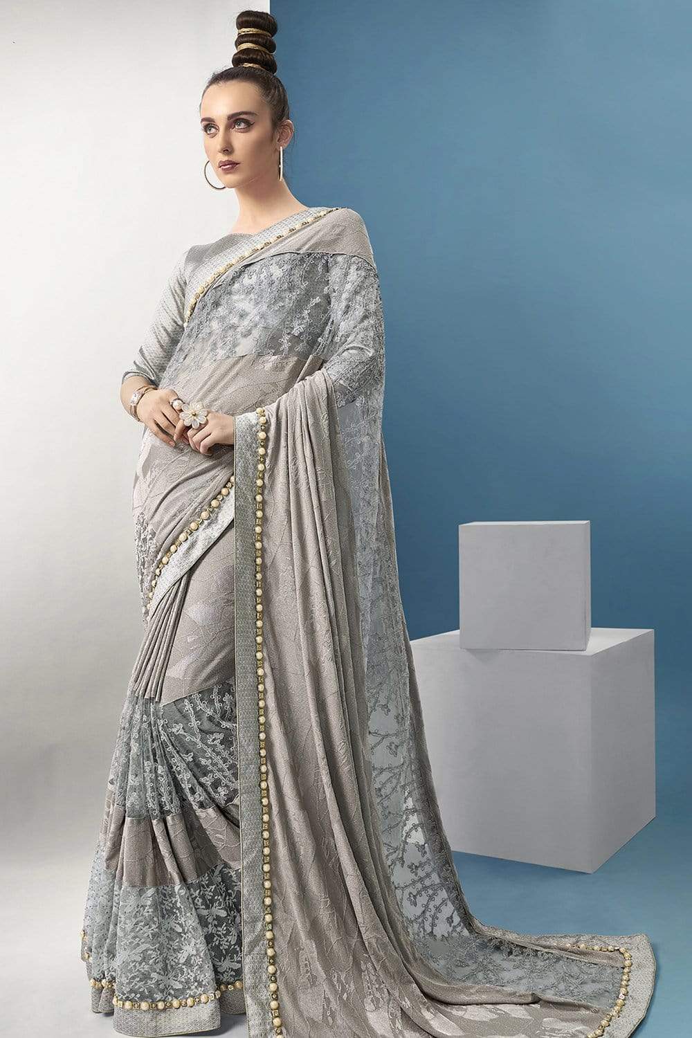 Lava Grey Embroidered And Stone Work Georgette Saree