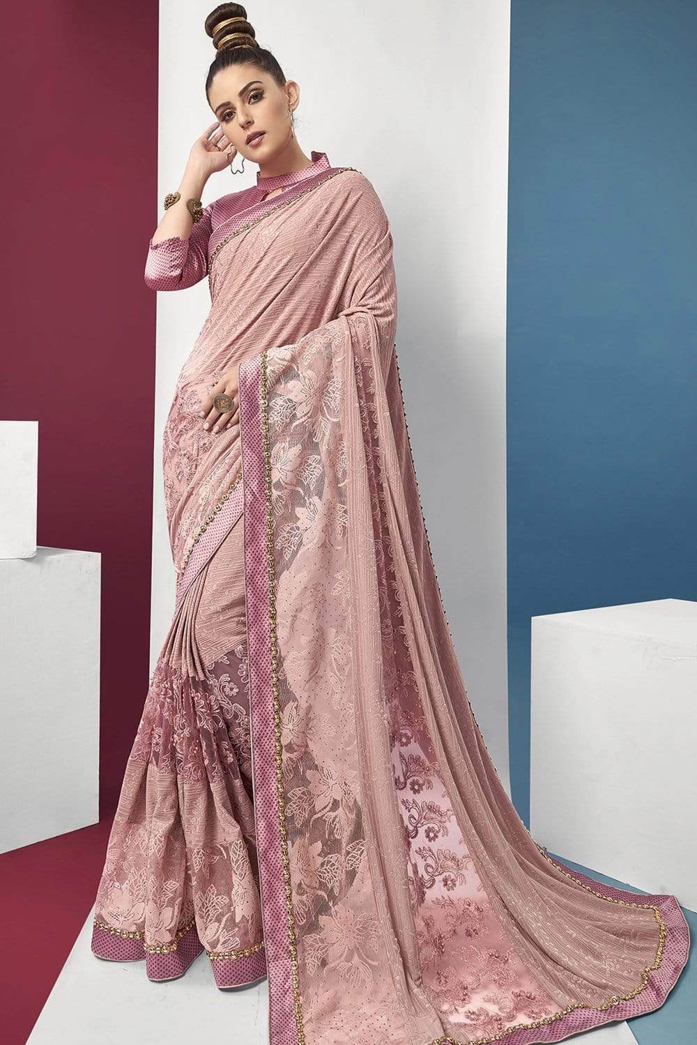 Crepe Pink Embroidered And Stone Work Georgette Saree