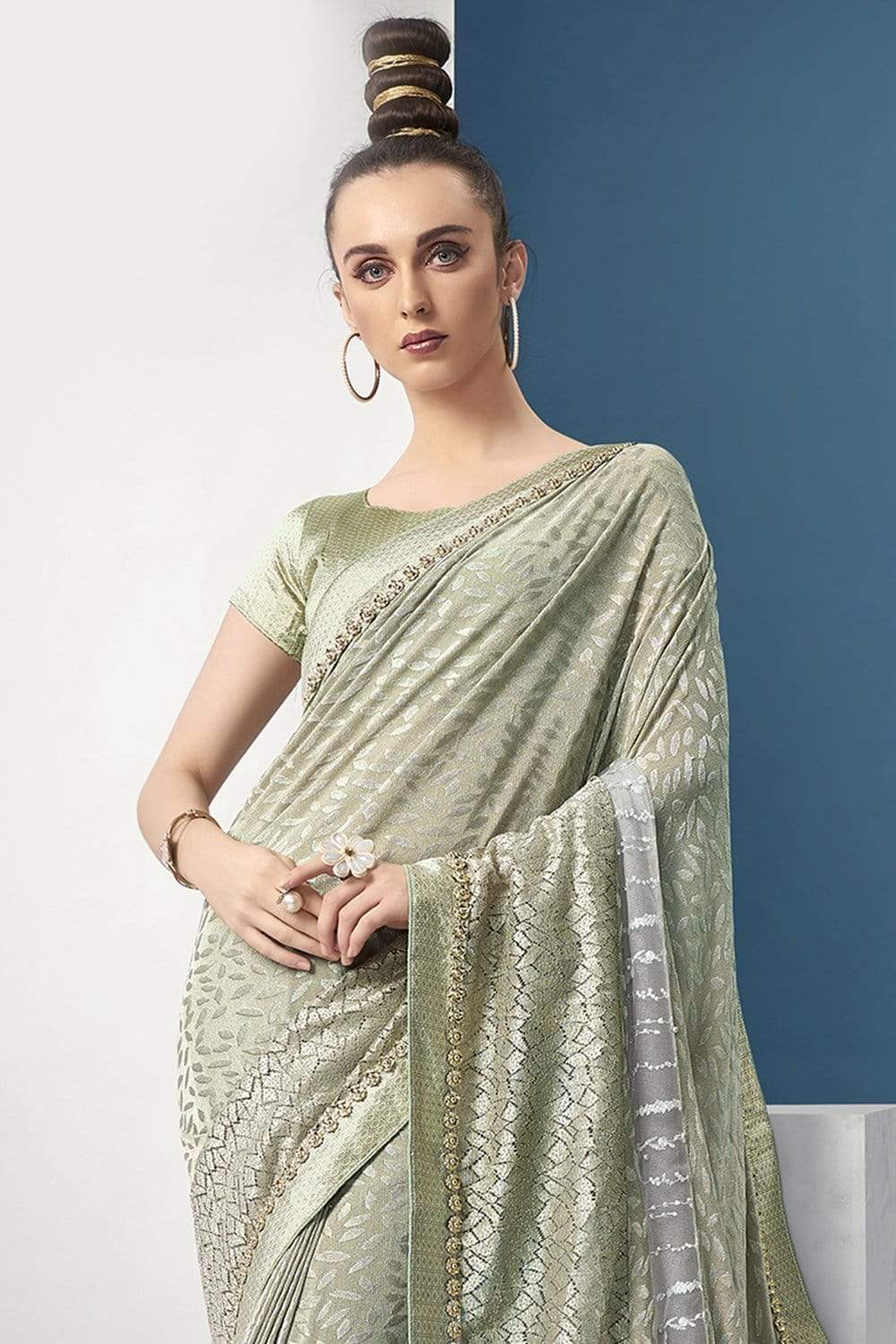Light Sage Green Embroidered And Stone Work Georgette Saree