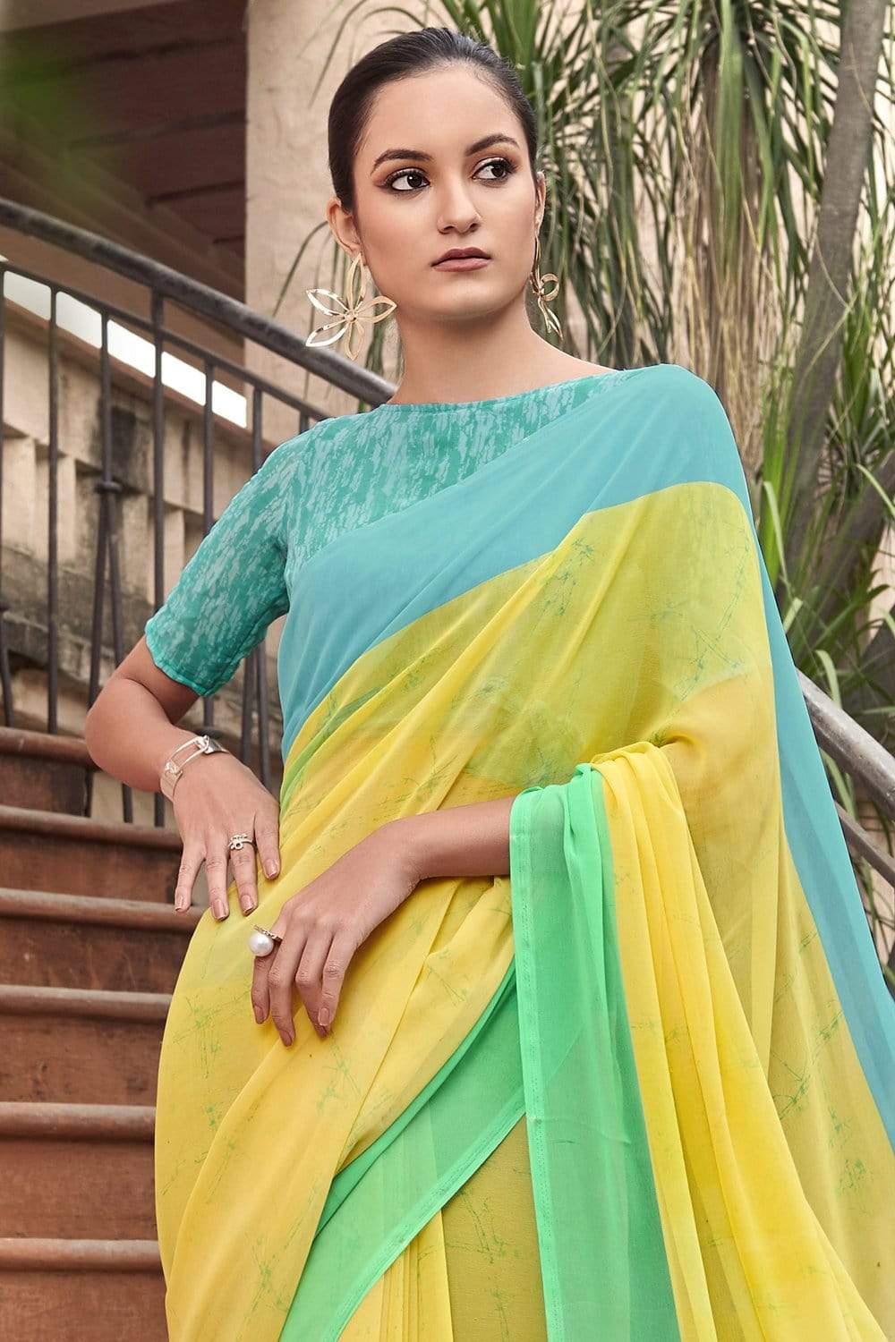 Blonde Yellow Printed Georgette Saree