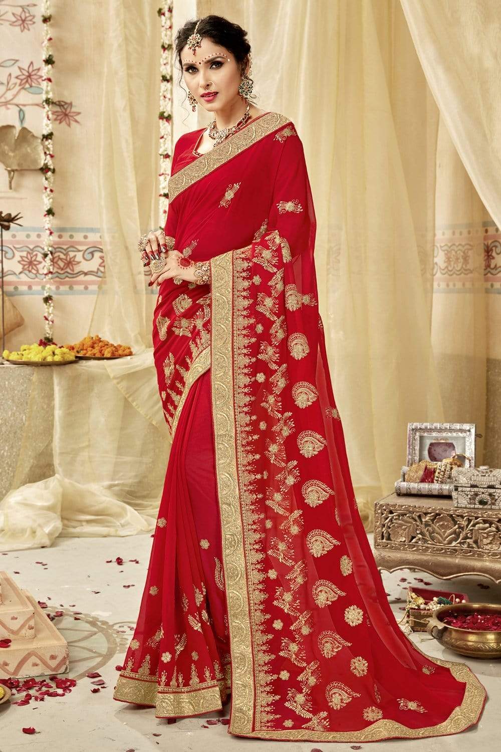 Apple Red Embroidered Georgette Saree