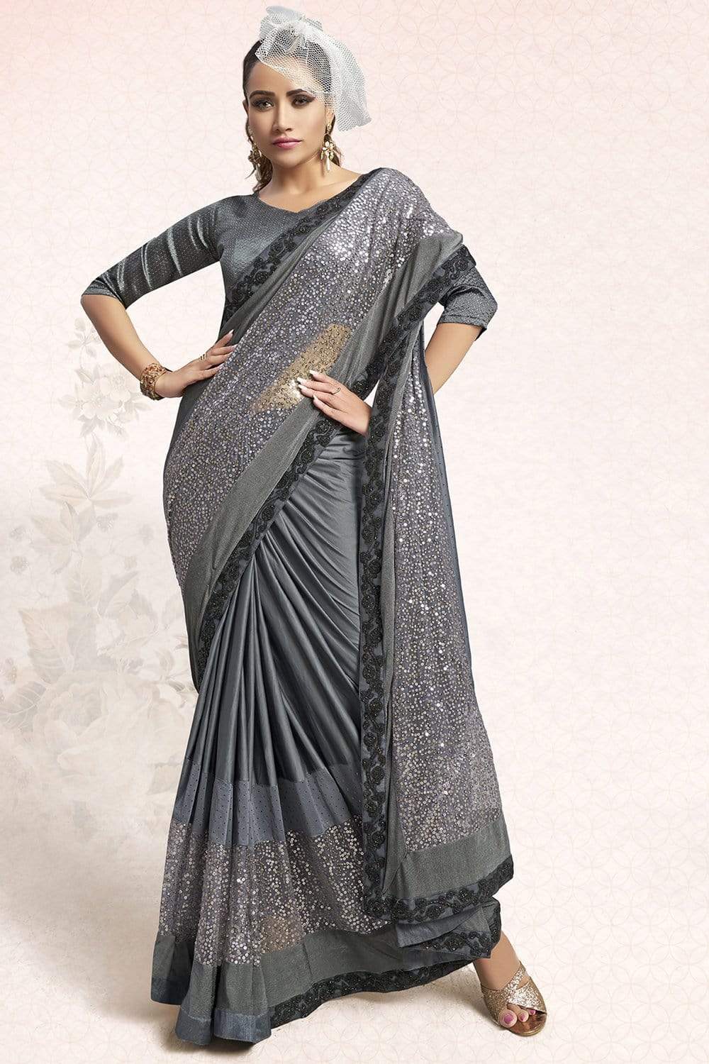 Satin Silk Saree Dove Grey Embellished Satin Silk Saree saree online