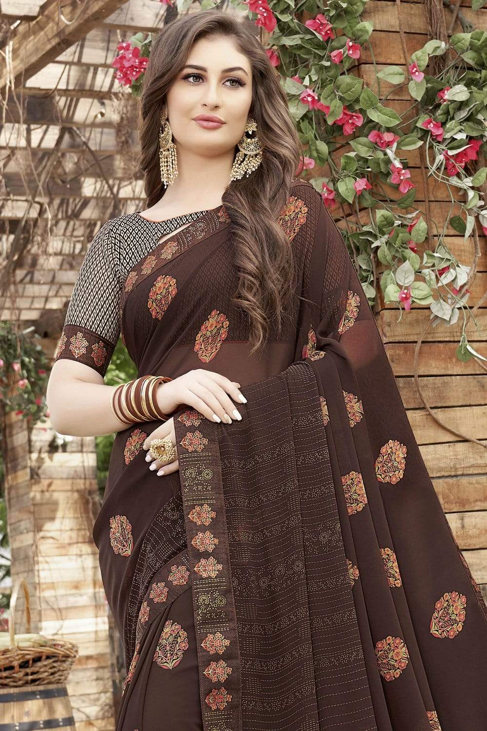 Brunette Brown Printed Georgette Saree