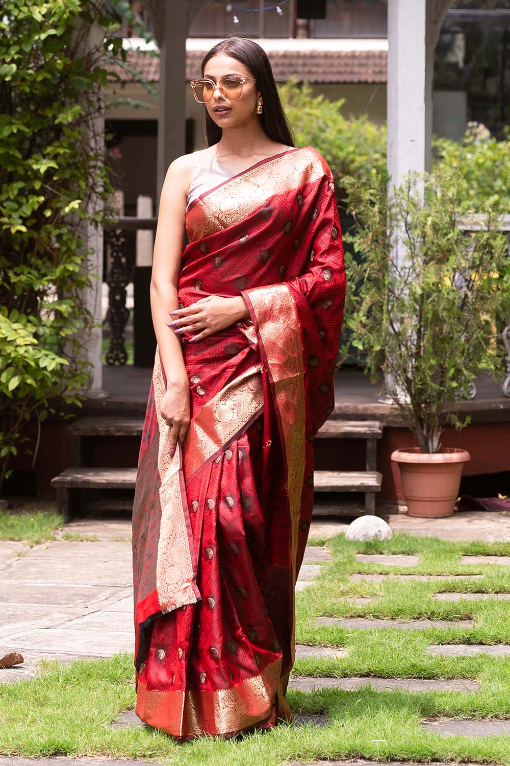 Imperial Red Malmal Silk Saree