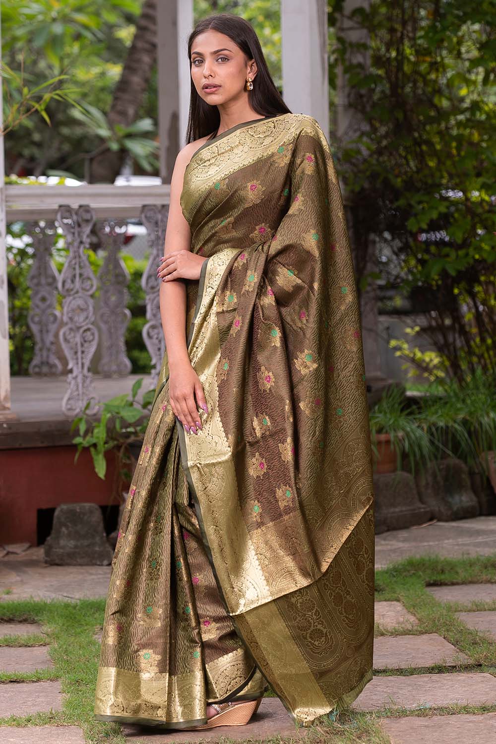 Tan Beige Organza Silk Saree