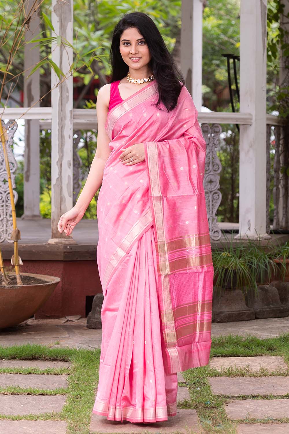 Fantastic Double Blouse Concept Embroidery Work Rani Pink Color Saree